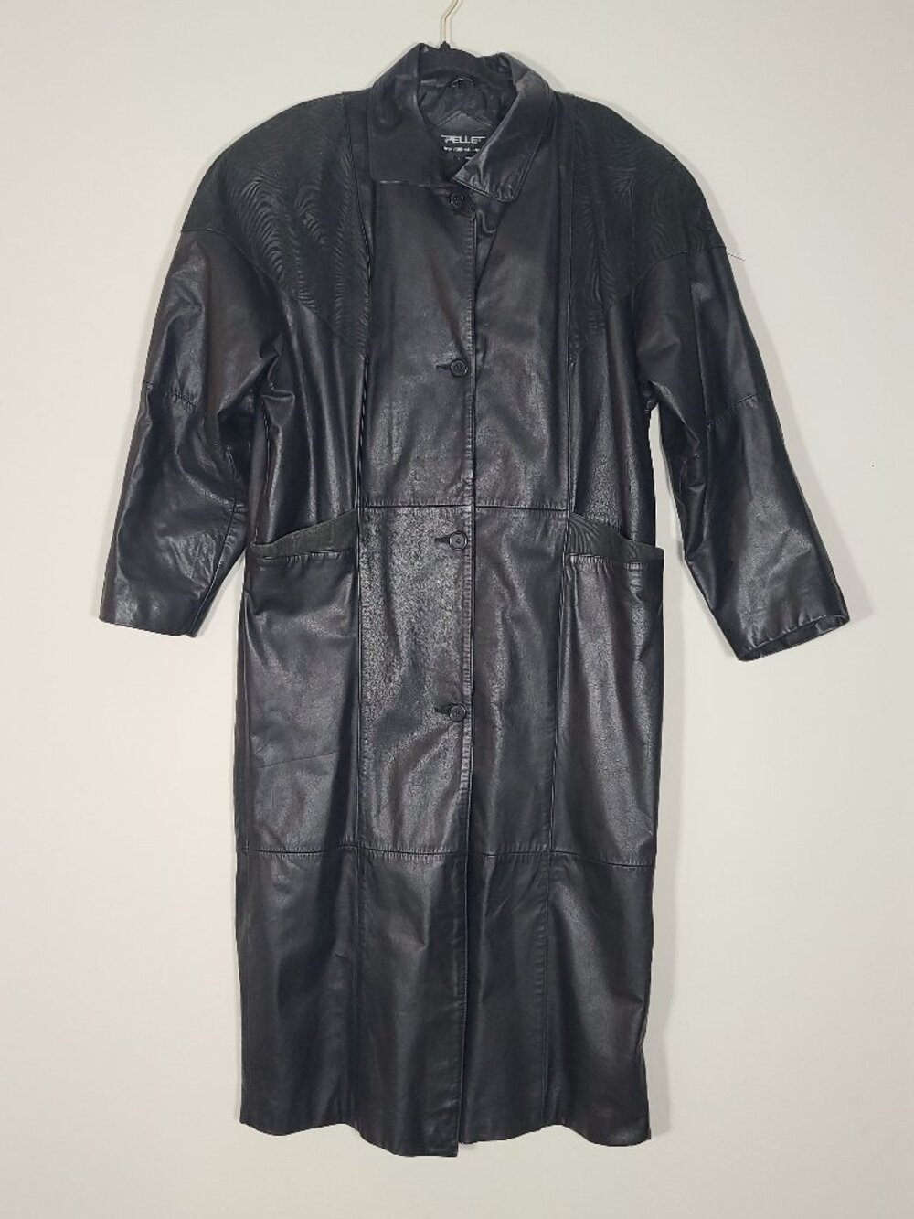 Vintage Pelle New York Milano Black Leather Long Trench Coat Matrix Large